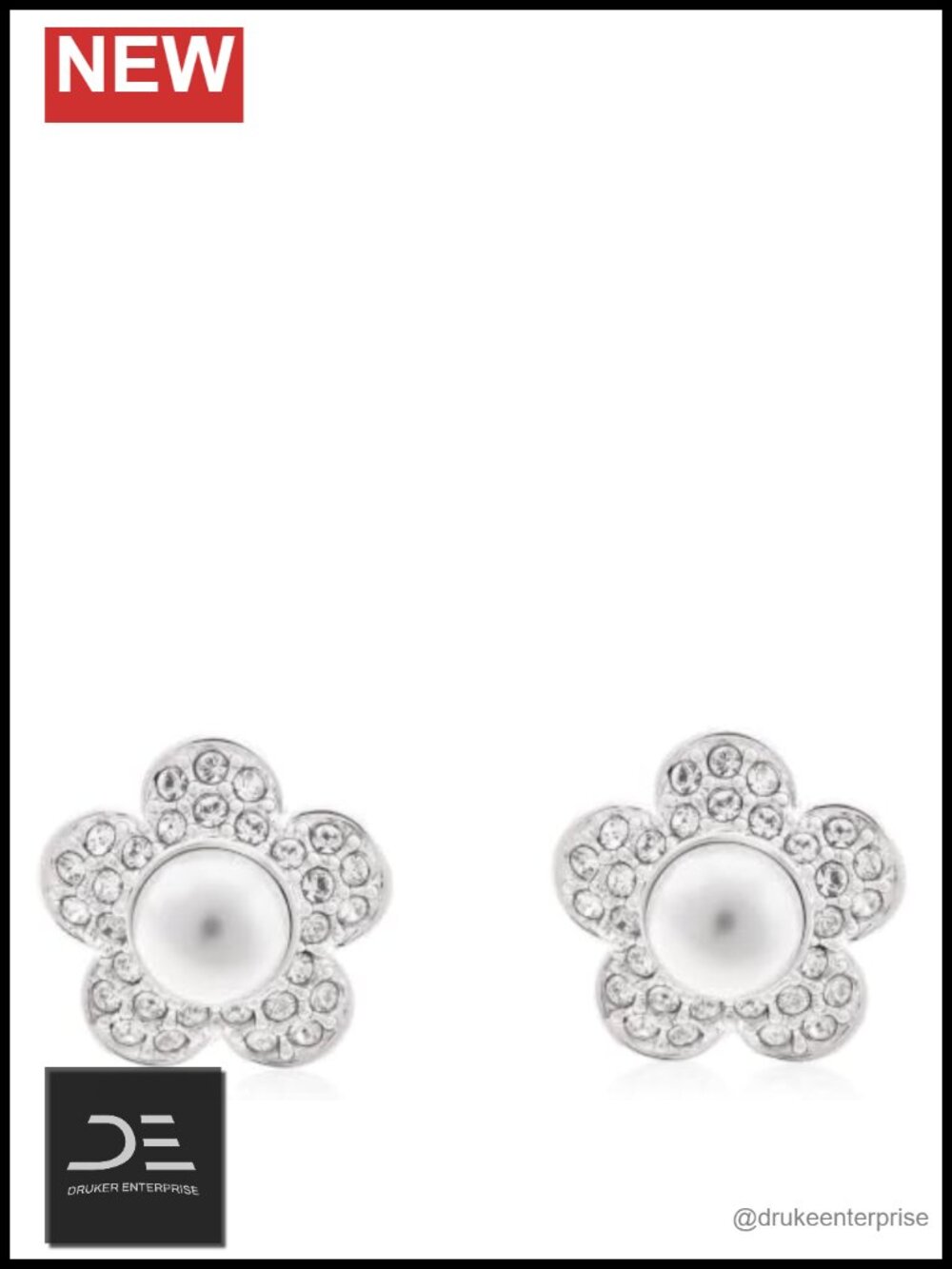 Swarovski Crystal Pearl Stud Earrings Round Cut Rhodium Plated Halo Setting